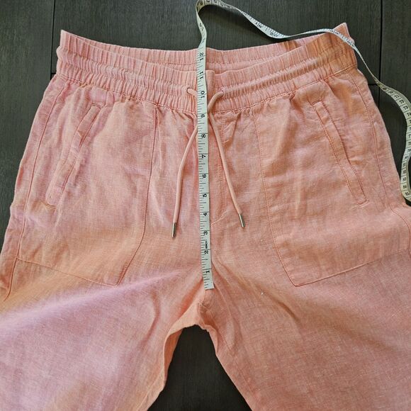 Athleta Linen Wide Leg Pants Sz 8 Split Bottom Hem Elastic Waistband Peachy Pink - Picture 8 of 10